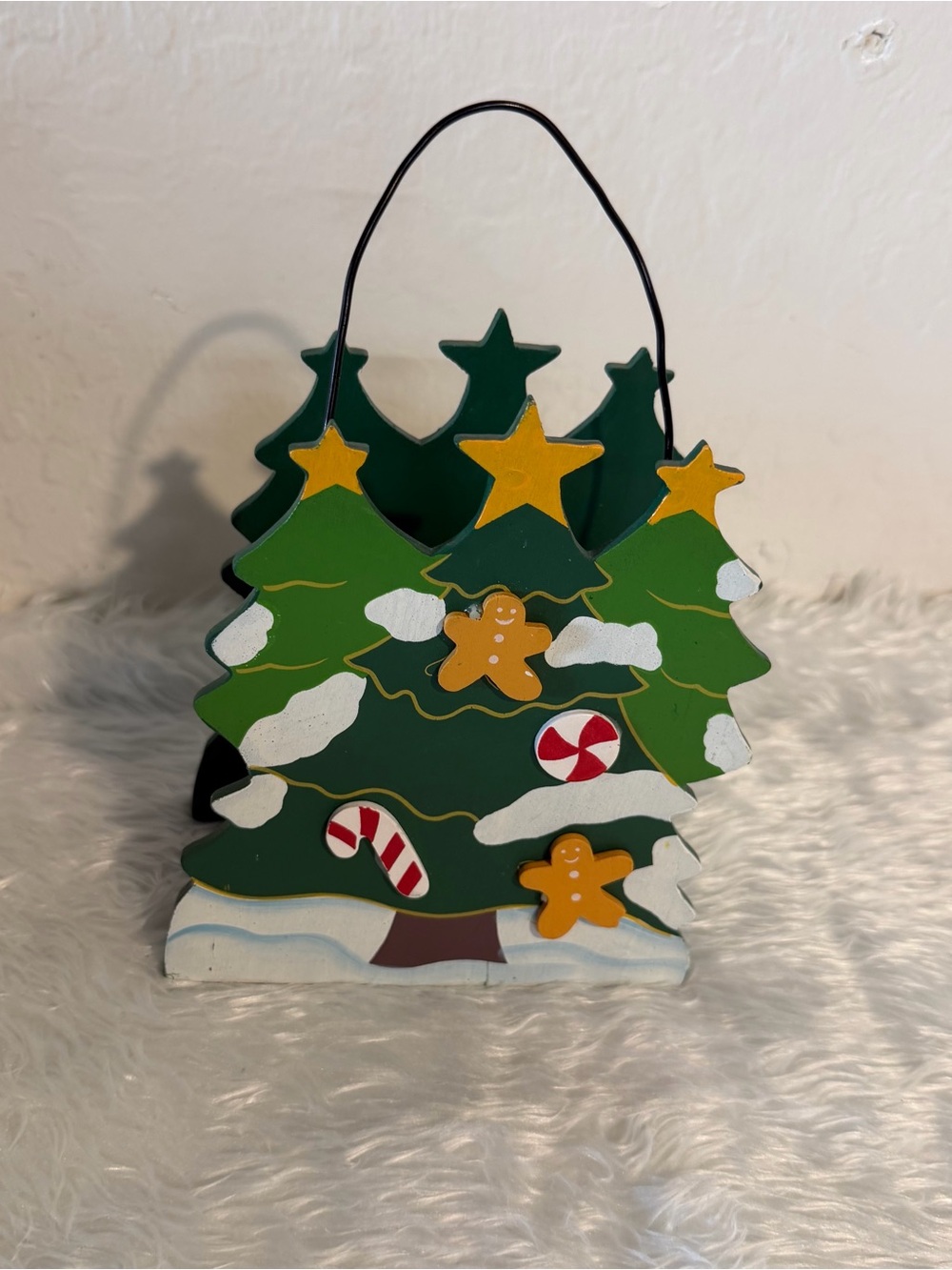 Holiday Tree Tote wood Decor - Green Christmas Tree Accent, hand painted